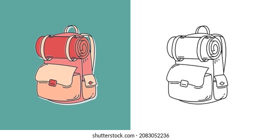 Camping Backpack. Travel And Trips Symbol. Hiking Element For Print. Sticker, Doodle Pin, Patch.