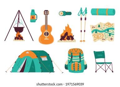 Camping and backpacking tourists equipment and symbols set, flat vector illustration isolated on white background. Collection of icons for summer camp and hiking.
