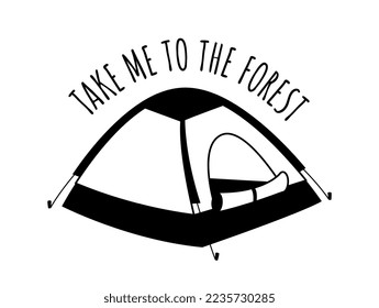 Concepto de placa de camping. Tienda en el bosque para caminatas, estilo de vida activo y recreación al aire libre, pasatiempos. Fin de semana de naturaleza y vacaciones. Afiche o cartel para el sitio web. Dibujo vectorial plano de dibujos animados