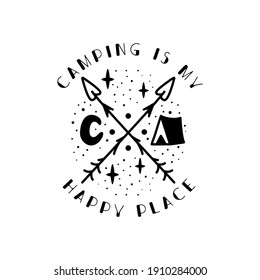 Camping badge design. Camping crest logo with tent, Luna and quote - Camping is my happy place. Travel label isolated. Sacred geometry. Stock vector tattoo graphics emblem