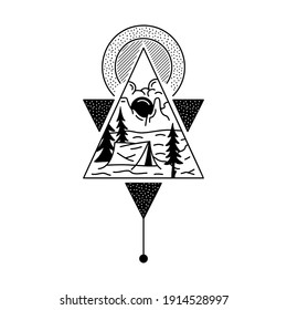 Camping badge design. Outdoor adventure crest logo with mountains scene. Travel silhouette label isolated. Sacred esoteric geometry. Stock vector tattoo graphics emblem