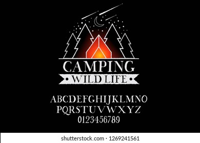 Camping badge and fon Wild Life. Vector logo and alphabet font. North, original handmade logo. Serif font. Black color. Authentic typeface.