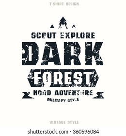 Camping badge. Graphic design for t-shirt. Black print on white background