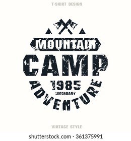 Camping badge. Graphic design for t-shirt. Black print on white background