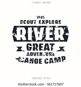 Camping badge. Graphic design for t-shirt. Black print on white background
