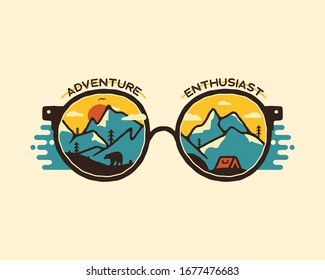 Camping badge illustration design. Outdoor logo with quote - Adventure enthusiast, for t shirt. Included retro mountains, bear and tent. Unusual hipster style patch. Stock vector isolated