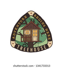 Camping badge illustration design. Unusual outdoor travel logo graphic with treehouse, trees and quote - Adventure begins here. Wanderlust old style patch for t-shirt and other uses. Stock vector.