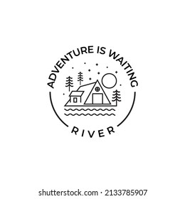 Camping badge illustration design. Wigwam outdoor logo by the lake, round logo