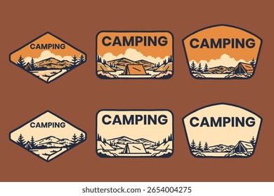 Camping Badge Vetor conjunto com tenda e paisagem de montanha - logotipo exterior vintage