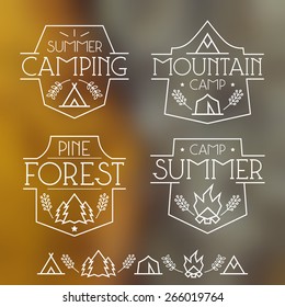 Camping badges and icons in thin line style. Graphic design for t-shirt. White lines on a blurred background