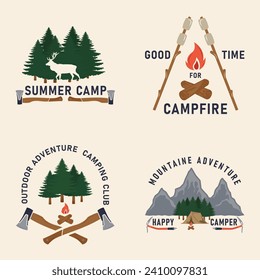 Camping badges, labels set. 4 Camping related labels, badges, emblems. Camping emblem, poster templates. Vector illustration