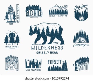 camping badges, mountains coniferous forest and wooden logo. wild nature. landscapes with pine trees and hills. engraved hand drawn in old vintage sketch. emblem tent tourist, travel for labels.