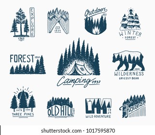 camping badges, mountains coniferous forest and wooden logo. engraved hand drawn in old vintage sketch. emblem tent tourist, travel for labels. wild nature. landscapes with pine trees and hills.