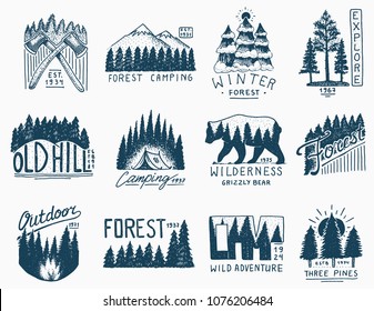 camping badges, mountains coniferous forest and wooden logo. wild nature. landscapes with pine trees and hills. emblem tent tourist, travel for labels. engraved hand drawn in old vintage sketch