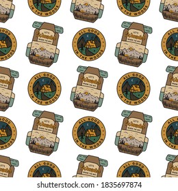 Camping badges pattern. Adventure seamless background. Stock vector texture