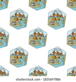 Camping badges pattern. Adventure seamless background. Nature river scene. Stock vector texture