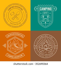 Camping badges set in thin line style. Camping and outdoor activity logo collection . Adventure, hiking, scout, exploration concept 