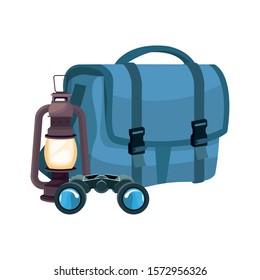 camping bag with lantern and binoculars icon over white background, vector illustration