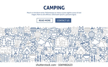 Camping Banner Design. Vector Illustration of Line Web Concept.