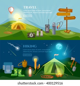 Camping banner hiking summer adventure flat style vector illustration 