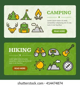 Camping Banner Horizontal Set on Green. Vector illustration