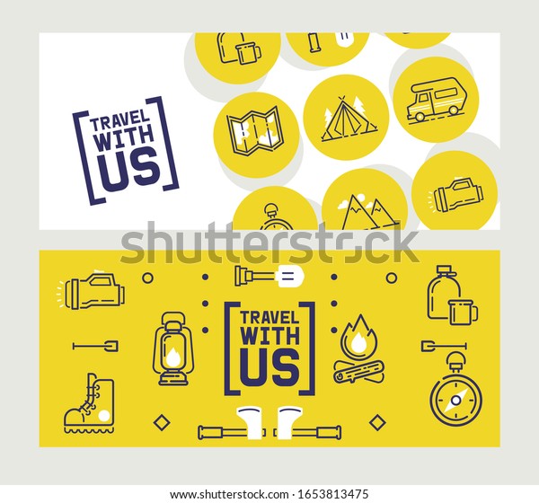 Camping banner with isolated icons, travel\
brochure, outdoor adventure booklet, vector illustration. Travel\
icons with camping van, map, compass, tent and campfire. Outdoor\
equipment store banner