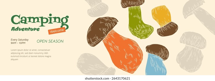 Camping banner. Porcini Mushrooms Vector hand drawn autumn design template, forest design. Natural food silhouette, vintage mushroom pickers symbol. Travel stamp retro graphic.