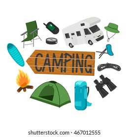 Camping banner and a set of equipment and tools. Isolated objects on white background. Vector illustration.
