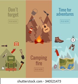 Camping banner set with hiking and summer adventure in flat style.  vector illustration