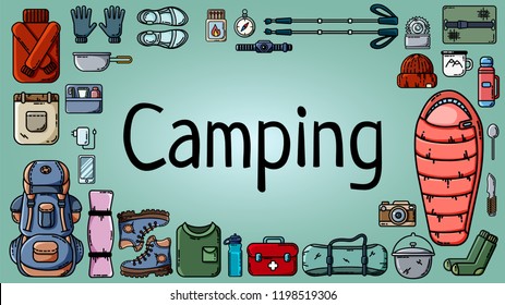 Camping banner with set of tourist items
