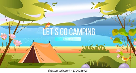 Camping banner with tent, trees, lake, hills, birds, flowers. Forest hiking landscape with green bushes, river and mountains. Summer vacation background 