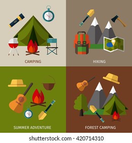 Camping banners collection. Camping, hiking, summer adventure and forest camping. Camping equipment. Camping vector set. Vector banners in Flat Style with place for your text.