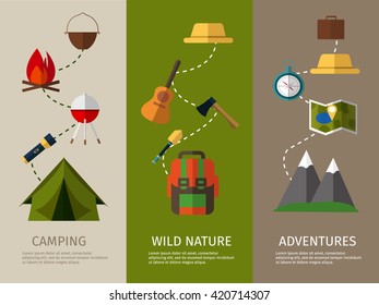 Camping banners collection. Camping, wild nature and adventure. Camping equipment. Camping vector set. Vector banners in Flat Style with place for your text.