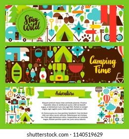 Camping Banners Set. Flat Design Vector Illustration of Brand Identity for Adventure Promotion. 