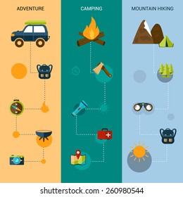 Camping banners vertical set with adventure mountain hiking flat elements set isolated vector illustration