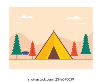 Camping and barbecue in the middle of forest in autumn with beautiful view of mountains, trees. Enjoy life with nature. Background design. Vector flat illustration