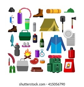 Camping and barbecue object. Weekend and party and picnic icons. Hiking object. Vector camp 