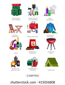 Camping and barbecue object. Weekend and party and picnic icons. Hiking object. Vector camp 