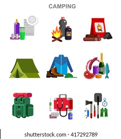 Camping and barbecue object. Camping Weekend and barbecue party and picnic icons. Hiking, barbecue and camping object. Vector barbecue, camping flat illustration