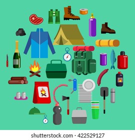 Camping and barbecue object. Weekend and party and picnic icons. Hiking object. Vector camp 