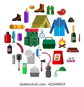 Camping and barbecue object. Weekend and party and picnic icons. Hiking. Vector camp tableware