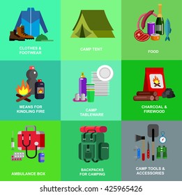 Camping and barbecue object. Weekend and party and picnic icons. Hiking. Vector camp tableware