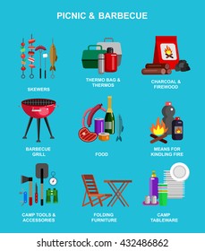 Camping and barbecue object. Weekend and party and picnic icons. Hiking. Vector camp tableware