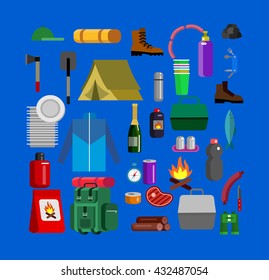 Camping and barbecue object. Weekend and party and picnic icons. Hiking. Vector camp tableware