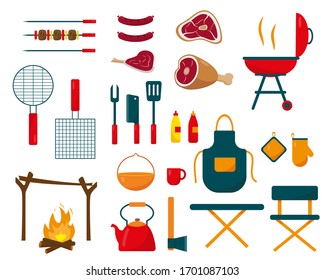 Camping and barbecue set on white background. Big collection of elements or icons for summer holidey or weekend concept design. Vector illustration.