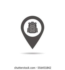 Camping base location icon. Drop shadow map pointer silhouette symbol. Tourist's backpack pinpoint. Camp nearby. Vector isolated illustration