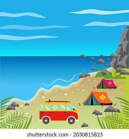 camping in the beach. Design vector illustration for your website, desktop, banner and wallpaper