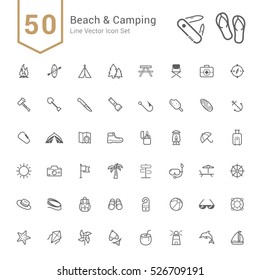 Camping & Beach Icon Set. 50 Line Vector Icons.