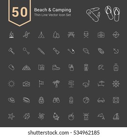 Camping & Beach Icon Set. 50 Thin Line Vector Icons.