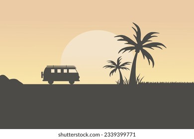 Camping at the beach landscape panorama illustration. Silhouette of coconut trees and camper van. Traveling in camper on moonlit night.